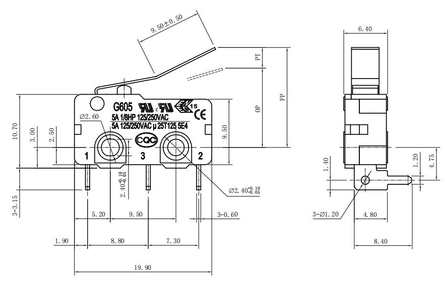 G605-100R92AU miniature micro switch drawing